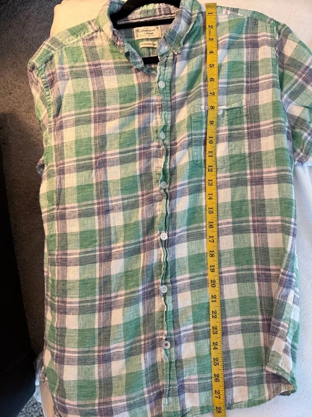Weatherproof washable linen Plaid Short Sleeve Button-Down Shirt casual beach Lg